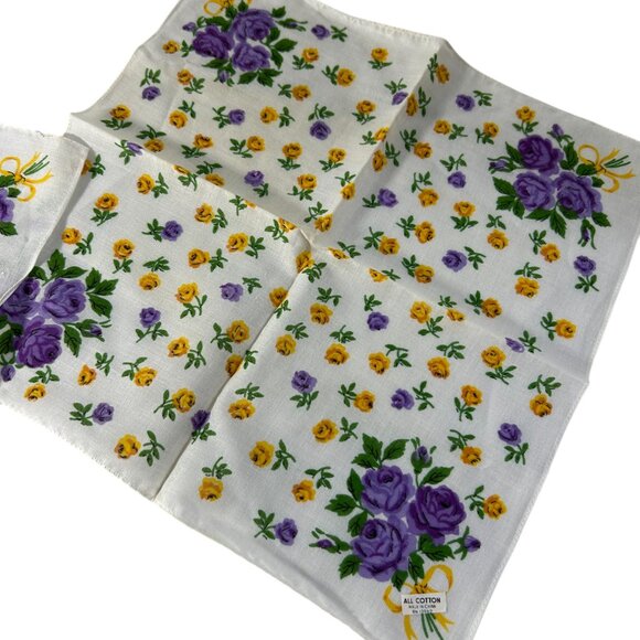 Vintage Floral Handkerchiefs Lot 2 Cotton Purple Yellow Rose Hankies I Shalom - Picture 2 of 6